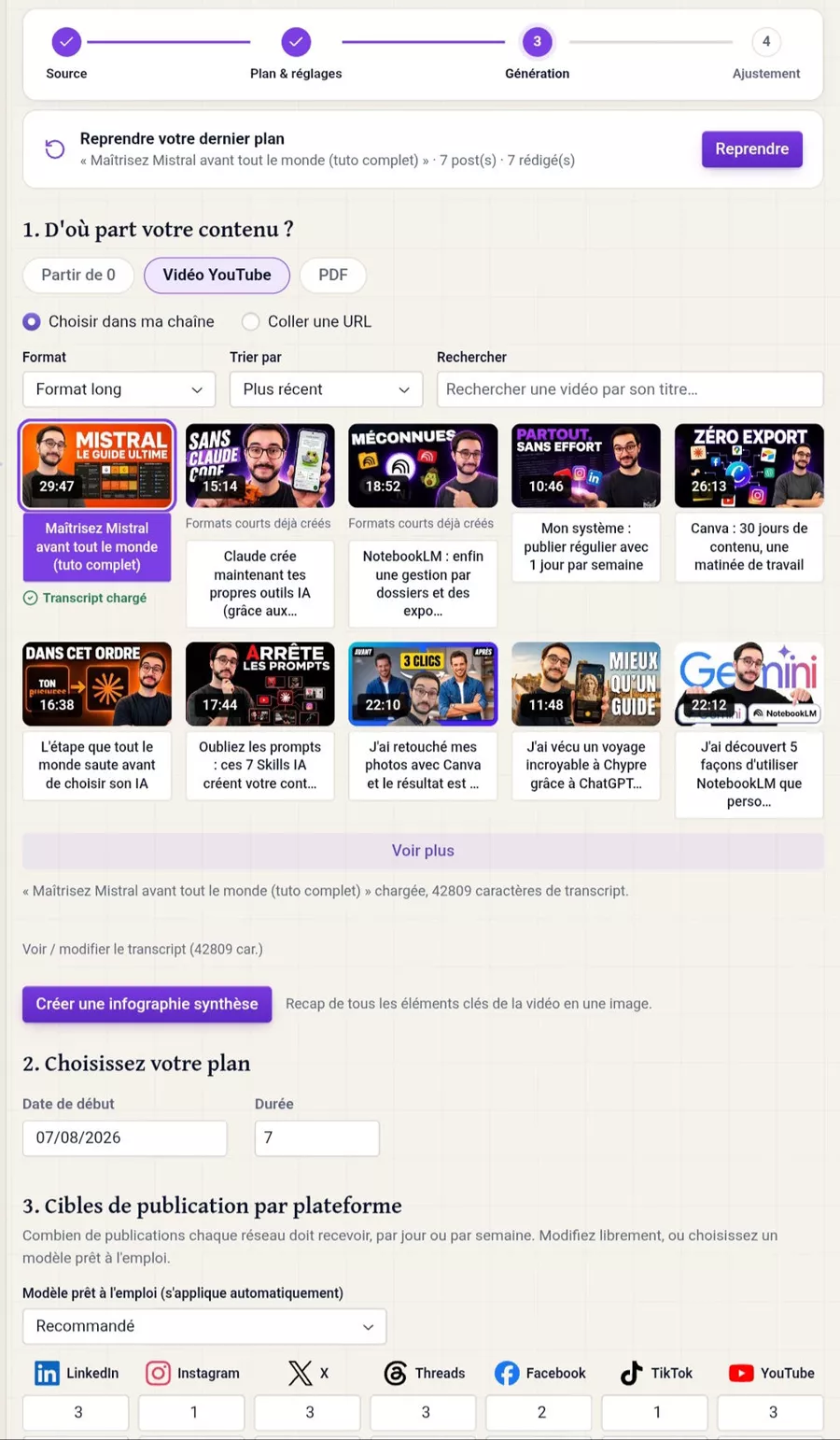 L'écran de génération de Replikr : la vidéo source choisie dans la chaîne, puis le nombre de publications par réseau.