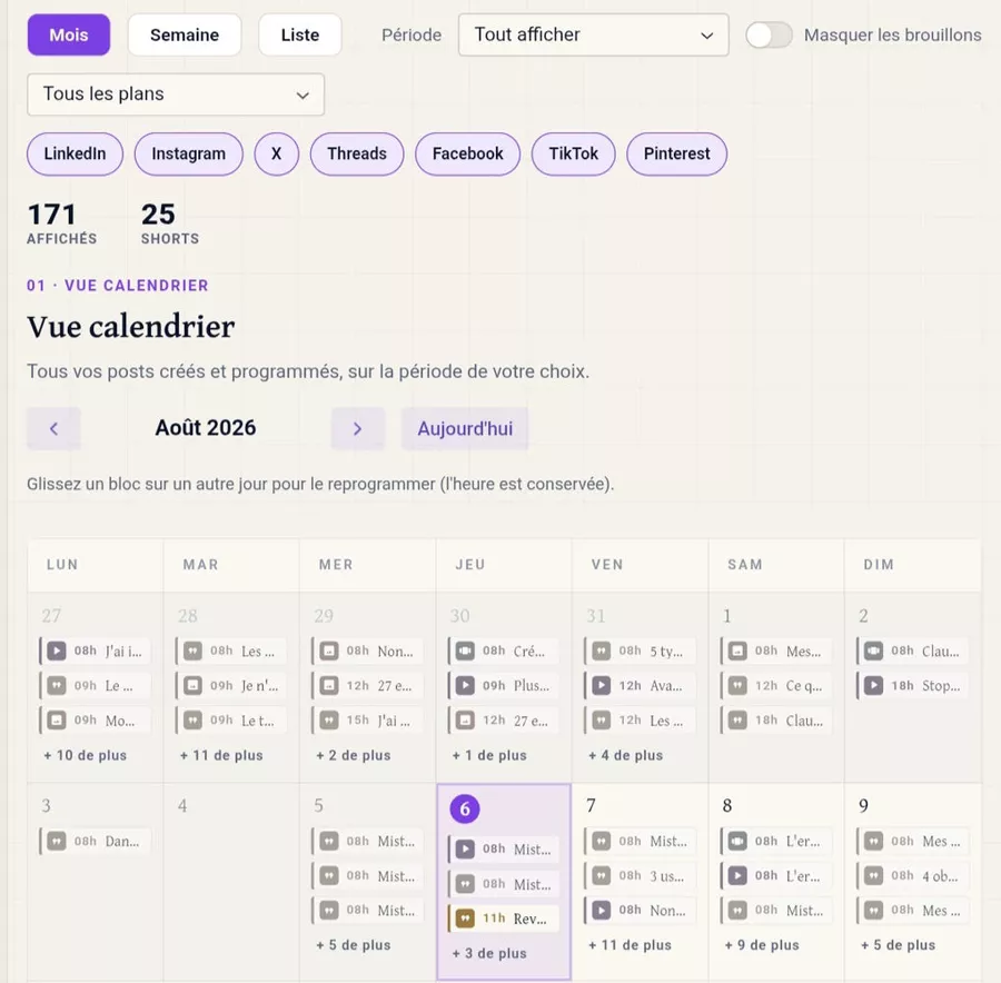 Le calendrier de Replikr : un mois de publications programmées, réseau par réseau.